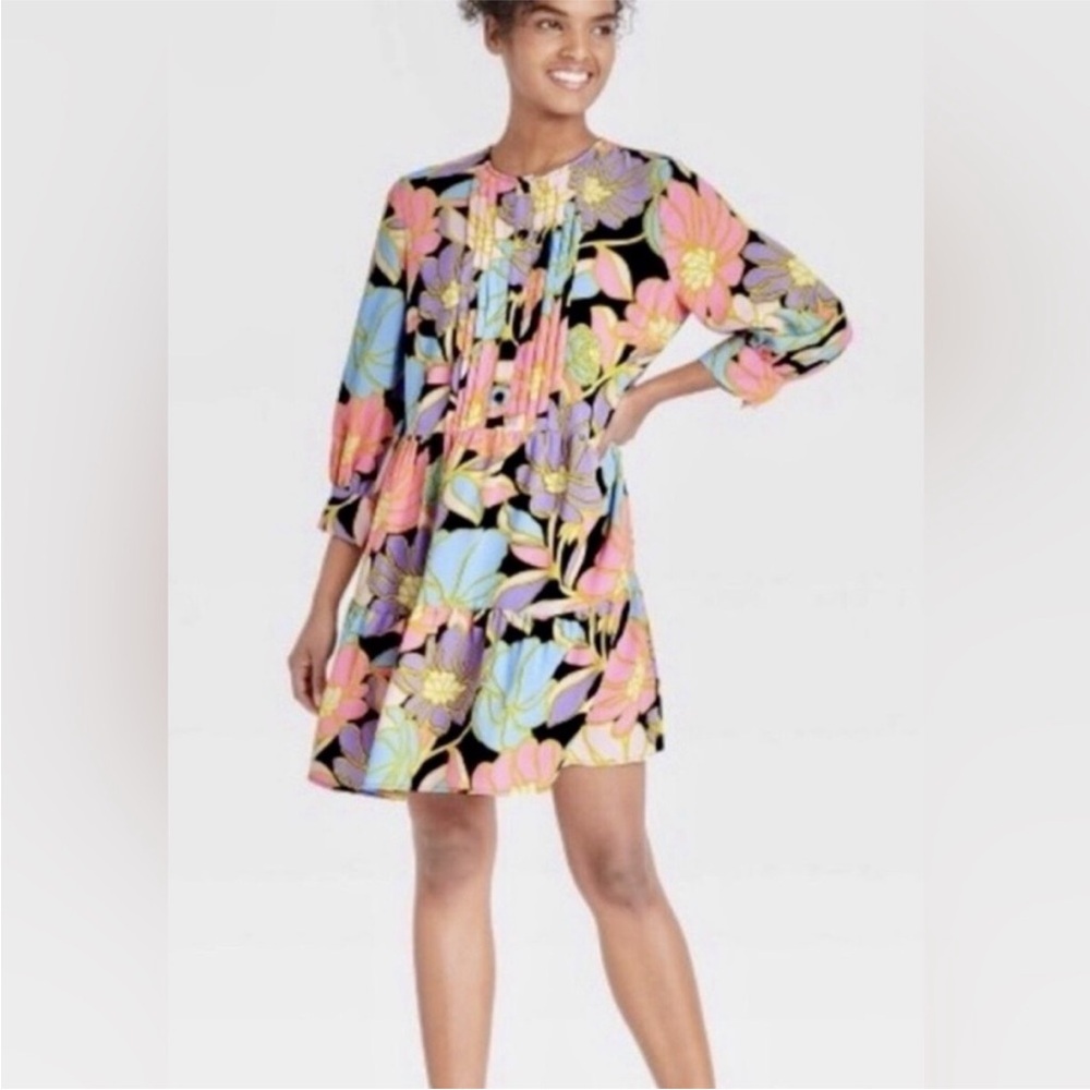 Who What Wear bright floral tiered dress with pockets Medium - Picture 1 of 6